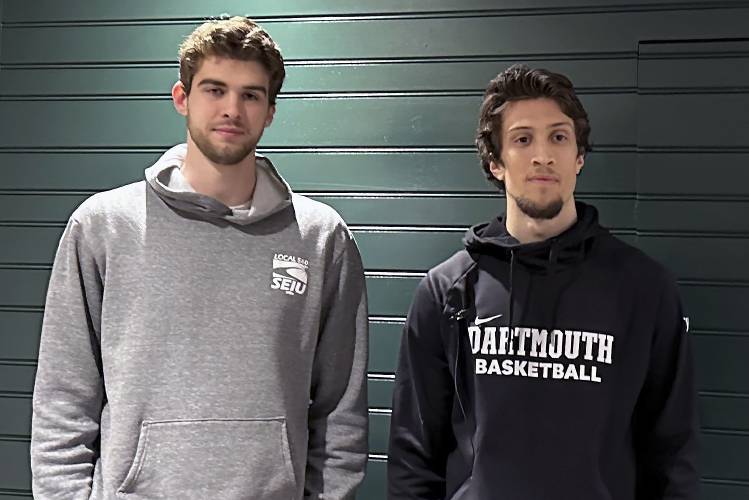 Dartmouth basketball players Cade Haskins, left, and Romeo Myrthil pose at Dartmouth College in Hanover, N.H., Tuesday, March 5, 2024. Dartmouth basketball players vote Tuesday on whether to form a union.(AP Photo/Jimmy Golen)