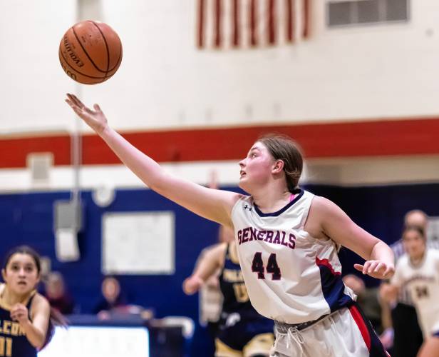 John Stark center Eleanor Girardet goes up for a rebound during the second half of a game against Bow in late January. The Generals meet No. 1 Concord Christian in the D-II girls’ basketball semifinals on Wednesday.