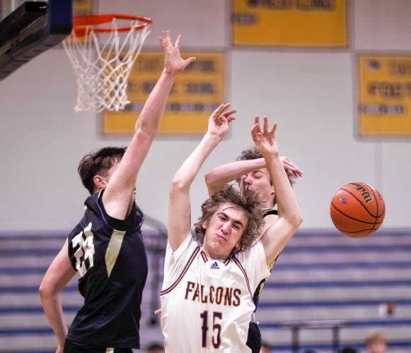 Bow forward Sean Guerrette gets fouled on the way to the basket during the first half against Souhegan on Tuesday night, February 27, 2024.