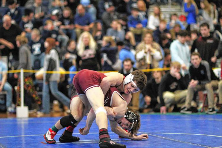Griffin Norwalt (top) wrestles Timberlane’s Cam Pettengill during the D-I wrestling championship on Saturday.