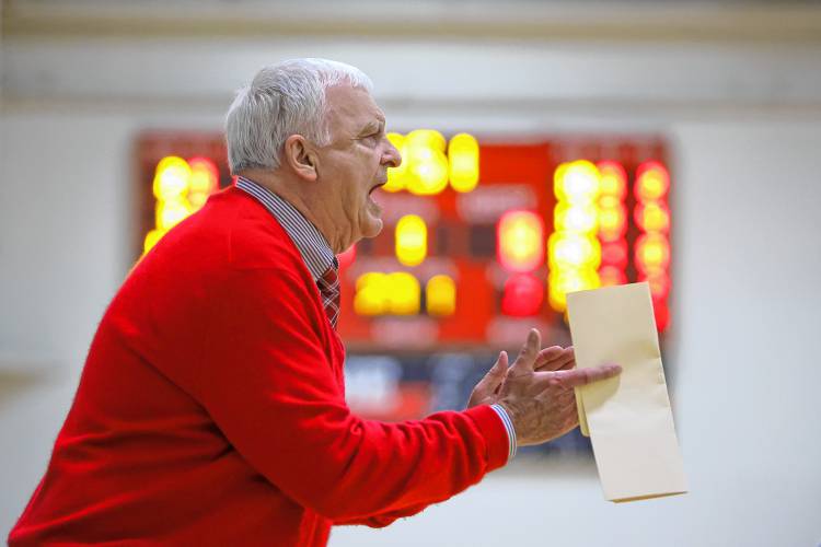 Coe-Brown’s Dave Smith is shown in a Jan. 2023 photo. The Bears’ longtime varsity boys’ basketball coach will lead the squad into a semifinal date with Pelham set for Tuesday.