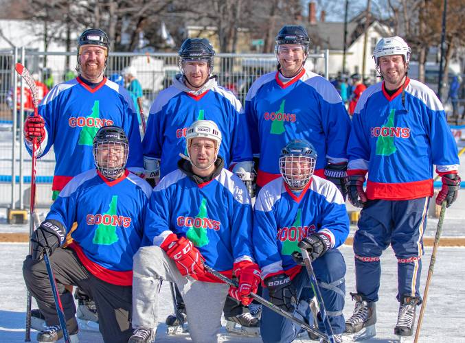 The Goons pose for a photo at a previous Black Ice Tournament at White Park in Concord. Top row, left to right: Nate Pearson, Bryan Lodi, Jon Connor and Marshall Caldon. Bottom row, left to right: Mike Bradley, Paul Kiernan and Dave Brenner.