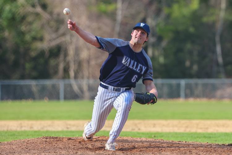 Merrimack Valley’s Luke Dougherty delivers a pitch during a baseball game at Bow High School on Monday. Dougherty struck out eight batters in five innings and earned the win on the mound as MV defeated Bow, 4-3.