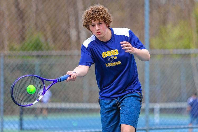 Bow’s Ben Rondeau returns a forehand during a match against Lebanon on May 1, 2023 at Bow High School. The No. 2 Falcons had a successfull 2023 season, reaching the Division II championship before falling to No. 1 Lebanon, 7-2.