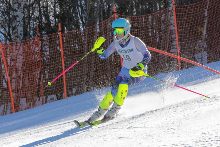Hopkinton’s Avery Loew competes in the slalom at the NHIAA Division III Alpine skiing championships on Wednesday at Gunstock. Loew finished sixth in both the slalom and giant slalom to help the Hawks defend their D-III team title.