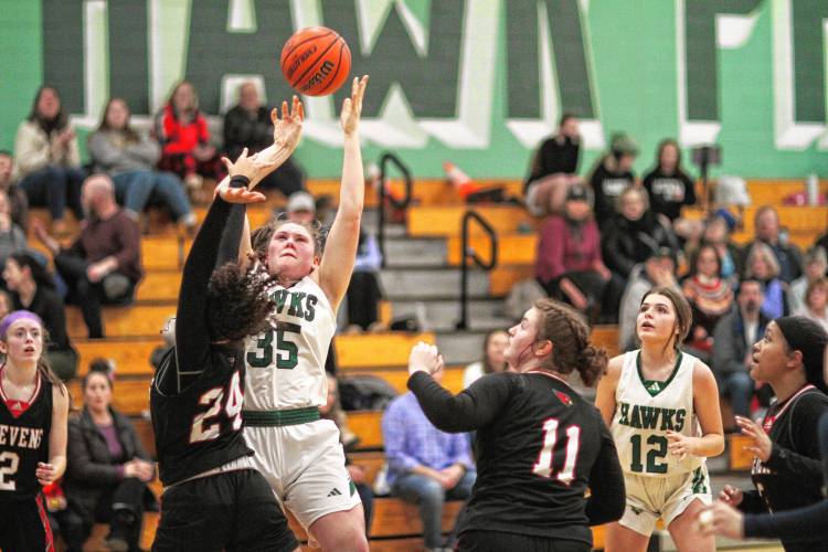 Hopkinton junior Sydney Westover attempts a putback layup during the first half of a Jan. 19 win over Stevens.