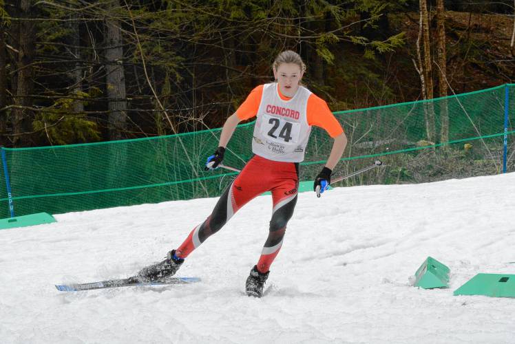 Concord’s Sebastian Christie competes in the freestyle race at the NHIAA Division I Nordic skiing championships at Oak Hill in Hanover on Wednesday. Christie finished eighth in the freestyle race and finished seventh in the classic to help lead the Concord boys' team to back-to-back titles.