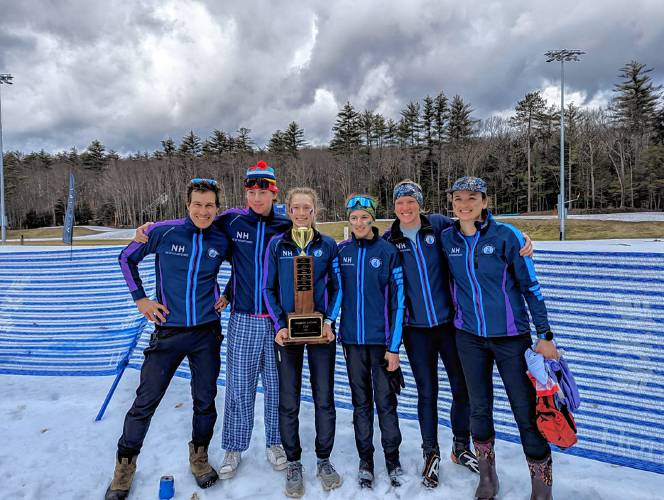The participants from the Concord Nordic ski team celebrate New Hampshire winning the Eastern High School Championships on March 17, 2024. From left to right: coach Sam Evans-Brown, Dean Ayotte, Chloe Gudas, Frances Lesser, coach Aubrey Nelson and coach Erin Waters.