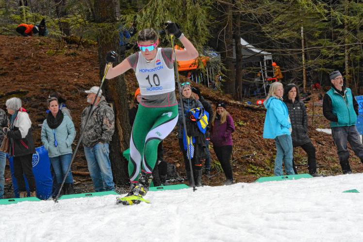 Hopkinton’s Elizabeth Trafton competes in the freestyle race at the NHIAA Division II Nordic skiing championships at Oak Hill in Hanover on Wednesday. Trafton finished 11th in the freestyle and seventh in the classic.