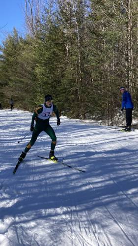 Hopkinton's Matt Clarner competes in the N.H. Nordic Coaches Series skate race at White Mountains Regional High School on Saturday, Feb. 11, 2023. Clarner finished fifth to lead Hopkinton to second place as a team.