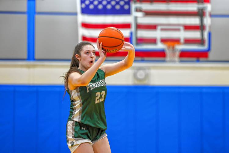 Kaitlin Arenella takes a shot for Pembroke in Wednesday night’s 44-35 win over Laconia in the D-II semifinal at Salem High School.