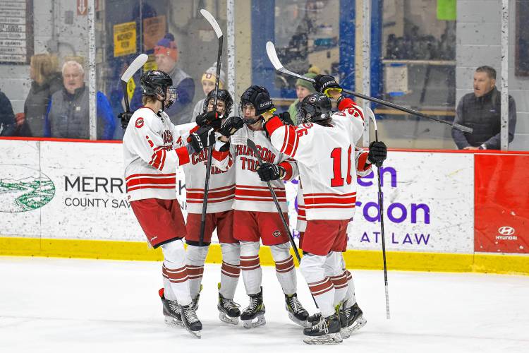 The Tide celebrate freshman Jaden Haas' 13th goal of the season, scored just 19 seconds into the first period of Concord's 4-2 win over Trinity on Wednesday, Feb. 7, 2024.