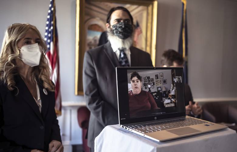 Katie Phillips speaks via zoom during the press conference for ABLE New Hampshire, a disability justice organization on Tuesday afternoon, December 14, 2021. Katie Phillips speaks via zoom during the press conference for ABLE New Hampshire, a disability justice organization on Tuesday afternoon, December 14, 2021.