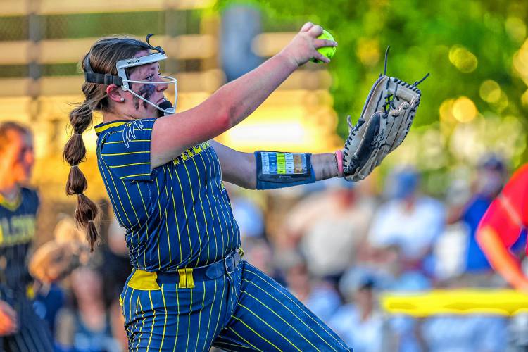 Bow freshman Taylor Ouellette delivers a pitch for the Falcons during the D-II semifinal on Tuesday, June 4, 2024 at Plymouth State. Ouellette pitched a complete game, striking out six in the Falcons' 4-0 loss to Coe-Brown.