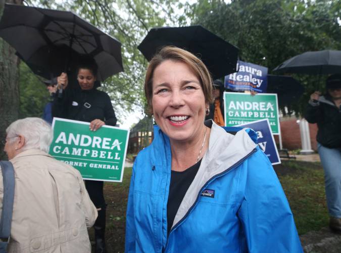Then-gubernatorial candidate Maura Healey joins her endorsed candidate for Attorney General, Andrea Campbell, on Primary Day at the Lower Mills Library voting place on Sept. 6, 2022, in Mattapan, Massachusetts.  (Nancy Lane/Boston Herald/TNS)