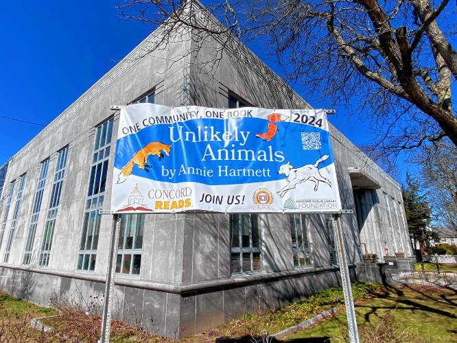 The Concord Reads sign outside the Concord Library for the Unlikely Animals, by Massachusetts writer Annie Hartnett.