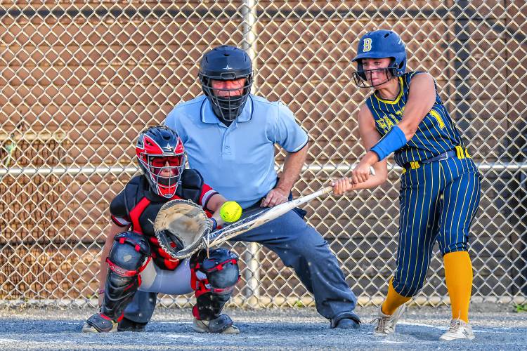 Bow senior Lilly Wright swings at a pitch during the D-II softball semifinal against Coe-Brown on Tuesday, June 4, 2024. 