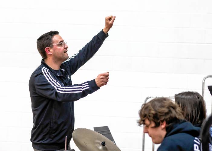 The Coe-Brown Northwood Academy Band led by Jon Ludwig plays during the game between Coe-Brown and Pelham on Tuesday night, February 18, 2025.