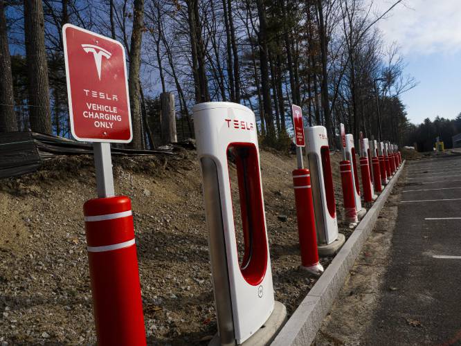The Tesla vehicle charging station is already operational at the Exit 17 Market Basket shopping area. A 50,000-square-foot Tesla dealership and service center is under construction in Londonderry.