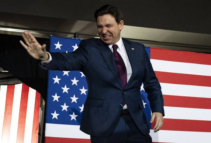 Florida Gov. Ron DeSantis arrives at a watch party during the 2024 Iowa Republican presidential caucuses in West Des Moines, Iowa, on Jan. 15, 2024. (Christian Monterrosa/AFP/Getty Images/TNS)