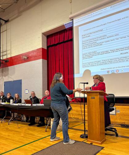 Special education took center stage at Epsom's school budget deliberative session on Tuesday, Feb. 4, 2025. Resident Carol Zink-Mailloux handed in her written motion to amend the proposed budget cap petition warrant article from $25,000 per pupil per year to $100,000. Moderator and selectman Virginia Drew accepted the written motion at the meeting.