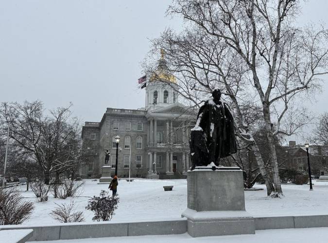 Snow falls on the State House Jan. 16.