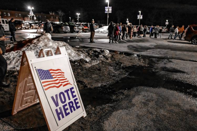 The line for voting before the Merrimack Valley School District meeting went outside into the parking lot on Thursday, March 6, 2025.