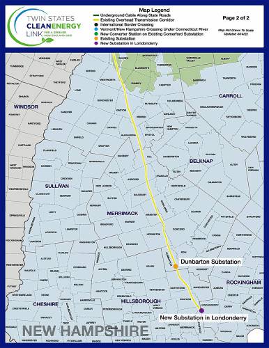The southern portion of the proposed Twin State Clean Energy Link, which would have used existing power lines to carry more electricity from  Quebec into New England. National Grid has cancelled the project for finance reasons.