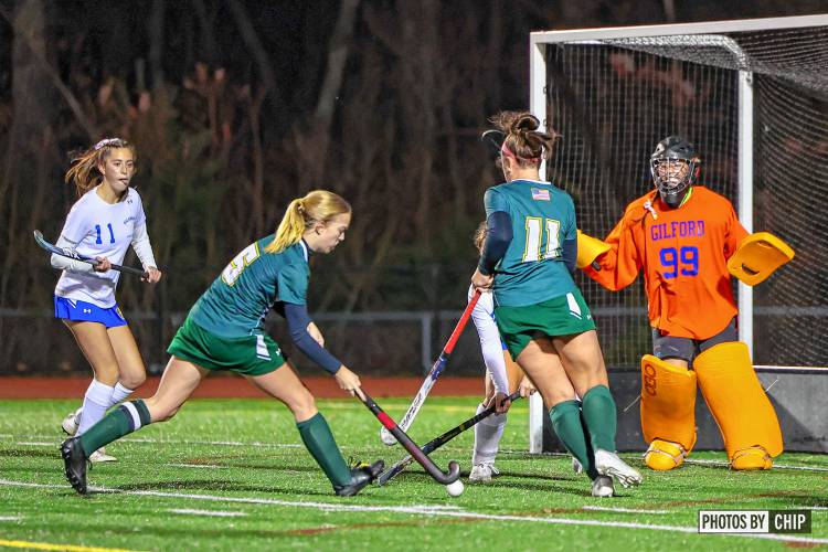 Bishop Brady senior forward Kimble Rose (5) gives Gilford’s defense trouble with a shot on target, but was unable to score in the circle against a tough Golden Eagles defense.
