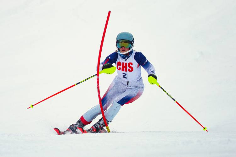 Concord’s Mika Taylor races in the slalom at the 16th annual Capital Cup at Proctor Academy on Jan. 29. Taylor defended her title in the girls’ slalom, leading the Crimson Tide to second place as a team. Taylor continued her impressive season by winning the slalom in a three-team event at Pats Peak on Thursday.